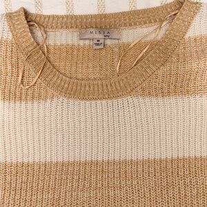 Misia 1X Tan Cream Striped Knit Sweater Button Back Cozy Neutral